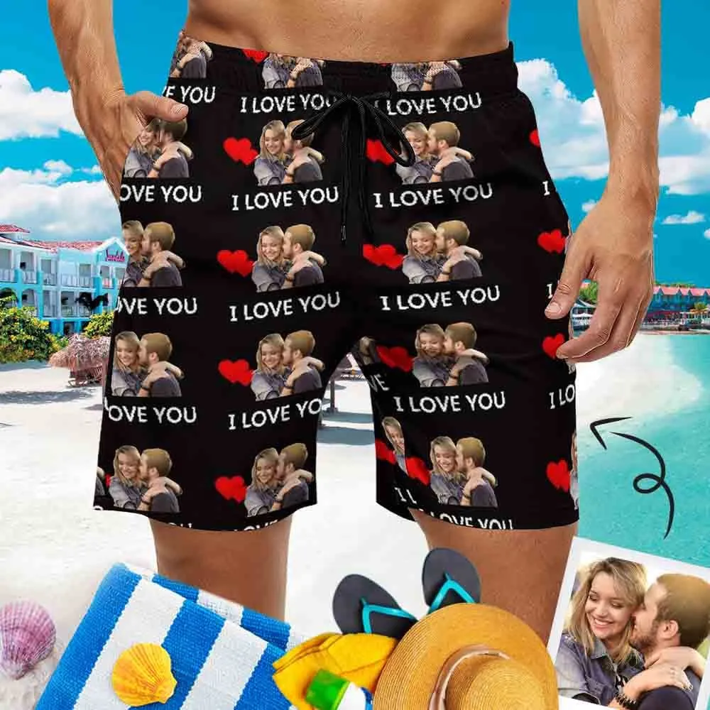 Couple Matching Beach Shorts& Ruffle One Piece Swimsuit Custom Face Baby I Love You Personalized Photo Men's Quick-drying Beach Shorts