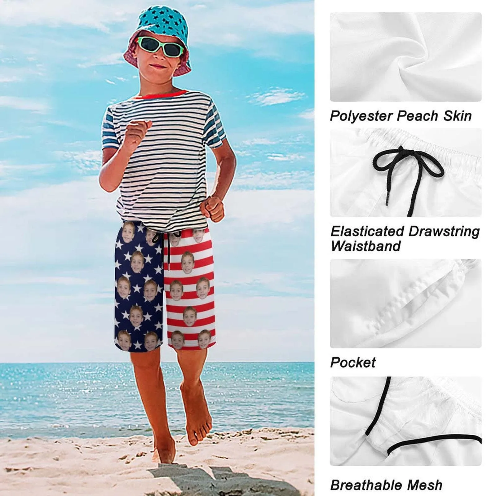 Custom Face American Flag Teen Beach Shorts