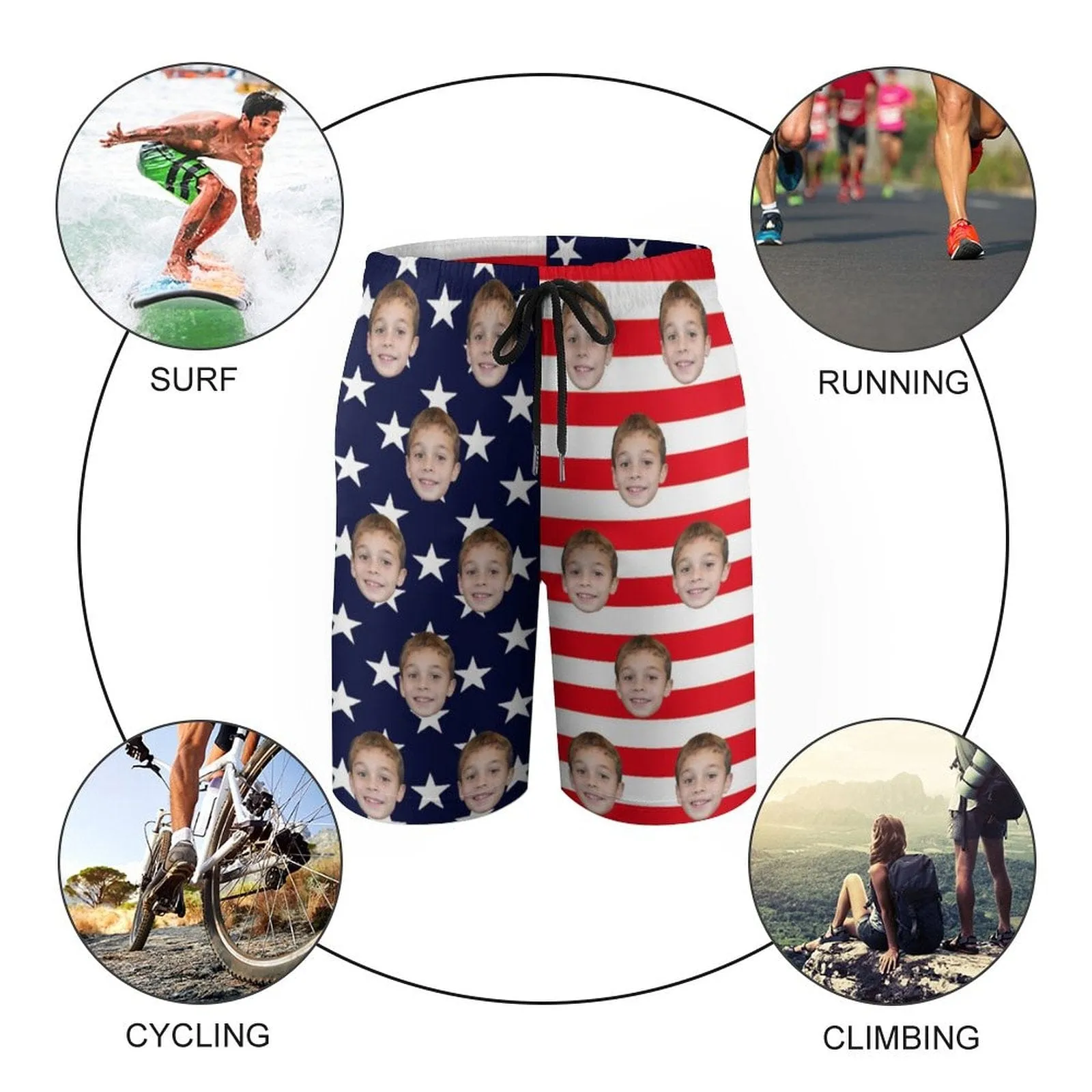 Custom Face American Flag Teen Beach Shorts