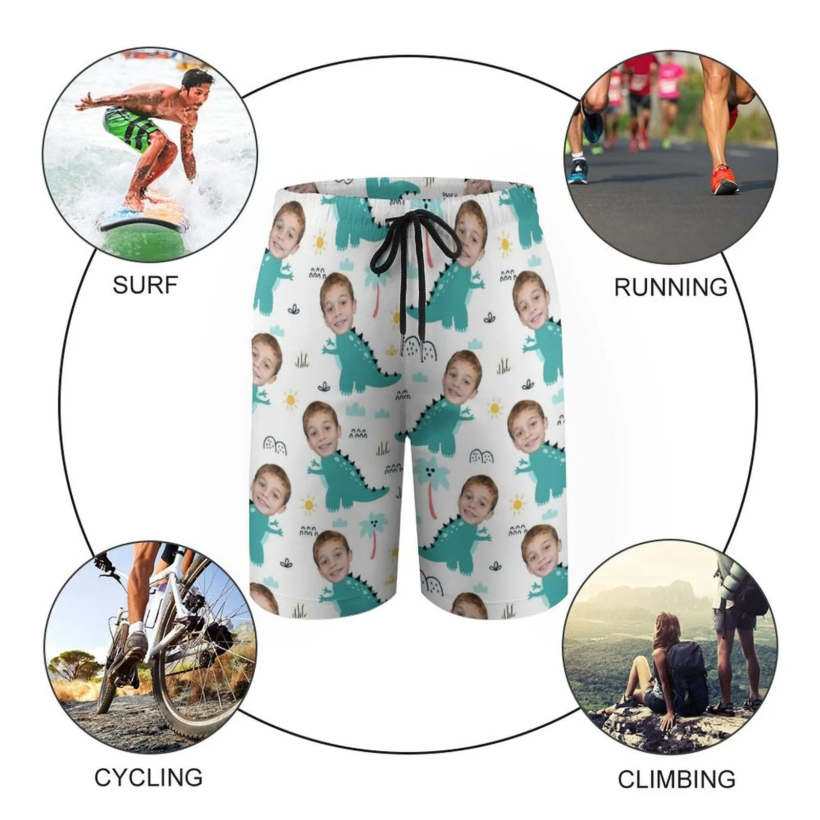 Custom Face Cyan Dinosaur Theme Teen Beach Shorts