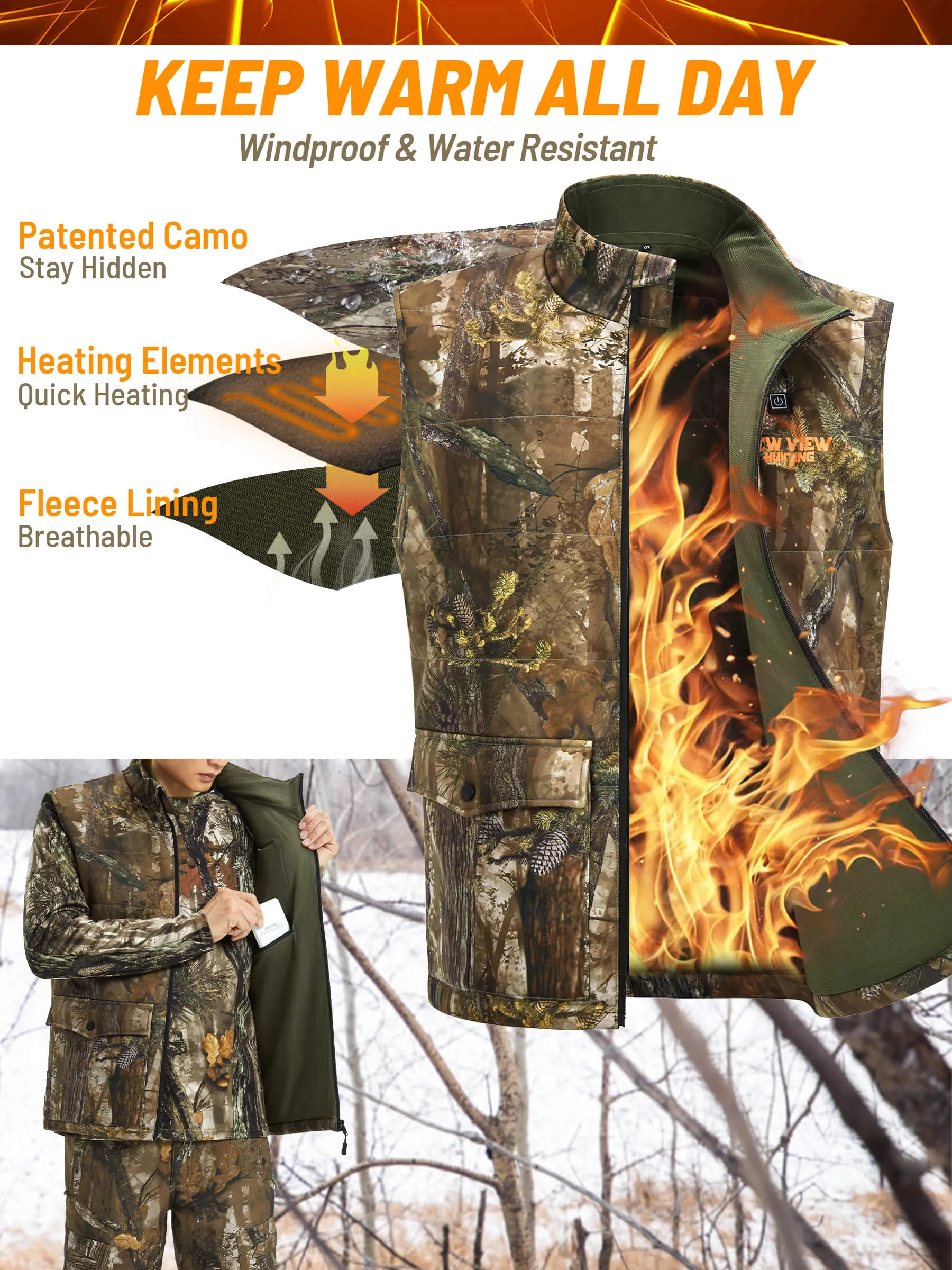 Men's Camo Heated Vest for Hunting, Power Bank Included