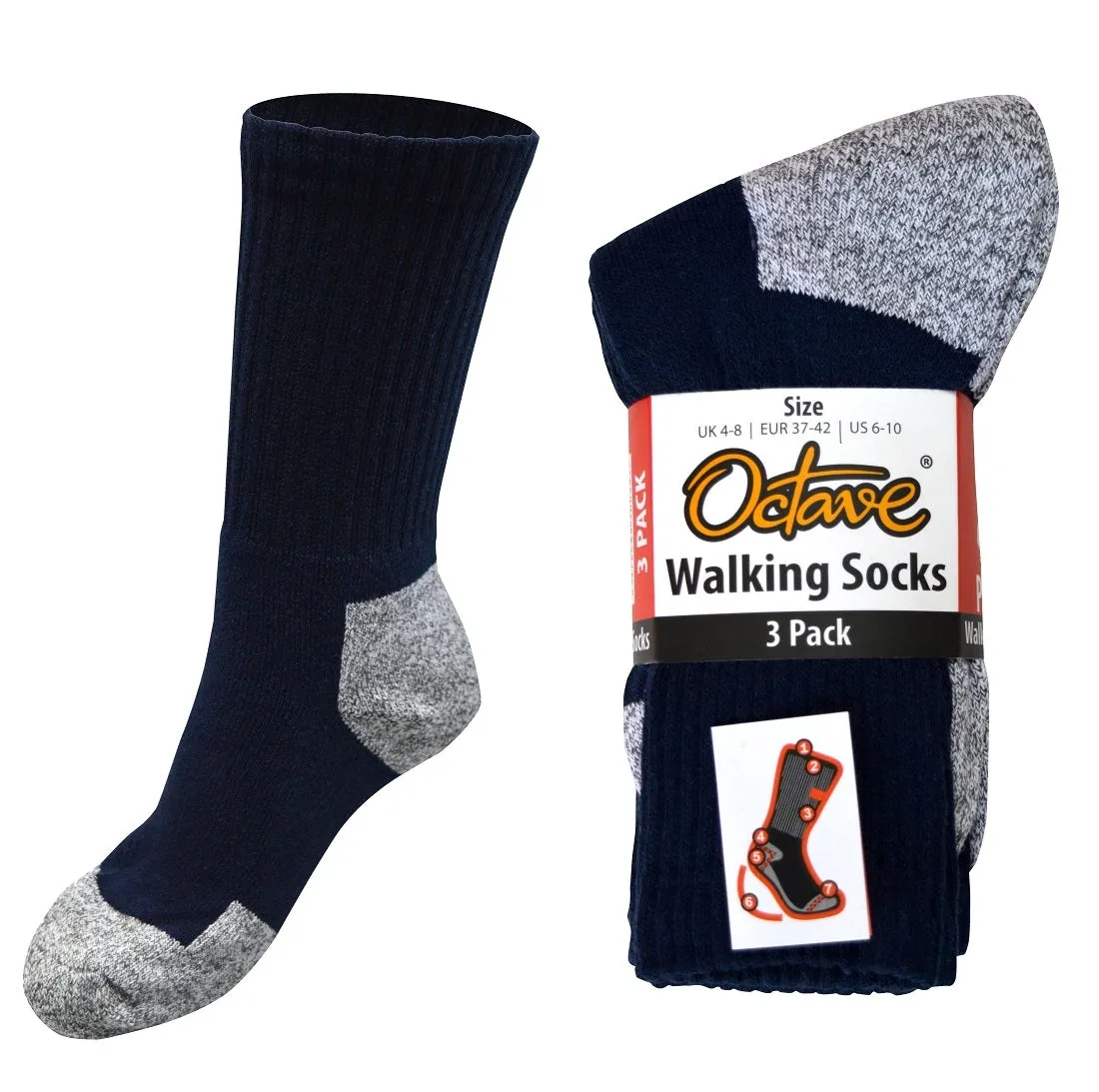 OCTAVE Mens Trekking Cushioned Walking Socks Pack of 3 - Navy